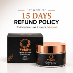 Velaro White Advance Night Cream jar with a metallic rose gold lid next to its black packaging box, featuring a '15 DAYS REFUND POLICY' promotional banner at the top.